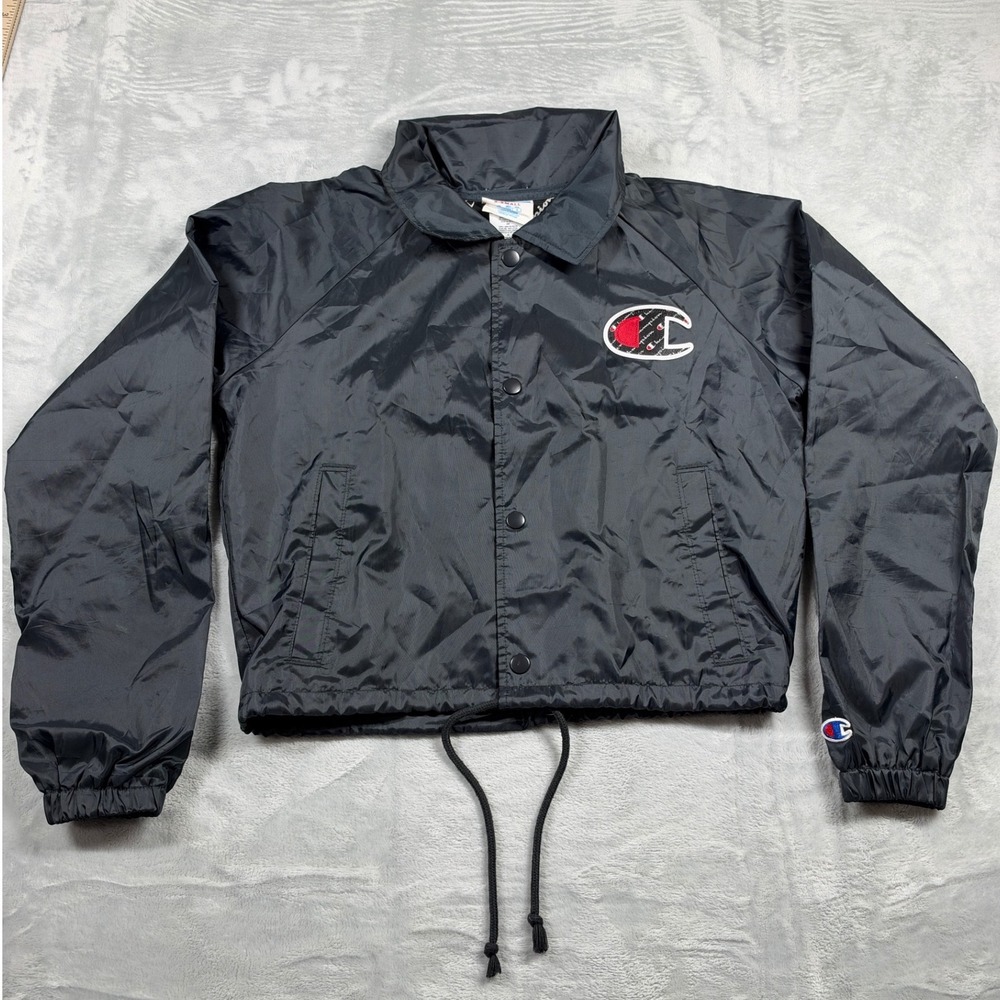 Champion Women's XS Cropped Coach Jacket Black Logo Lined Windbreaker 2018